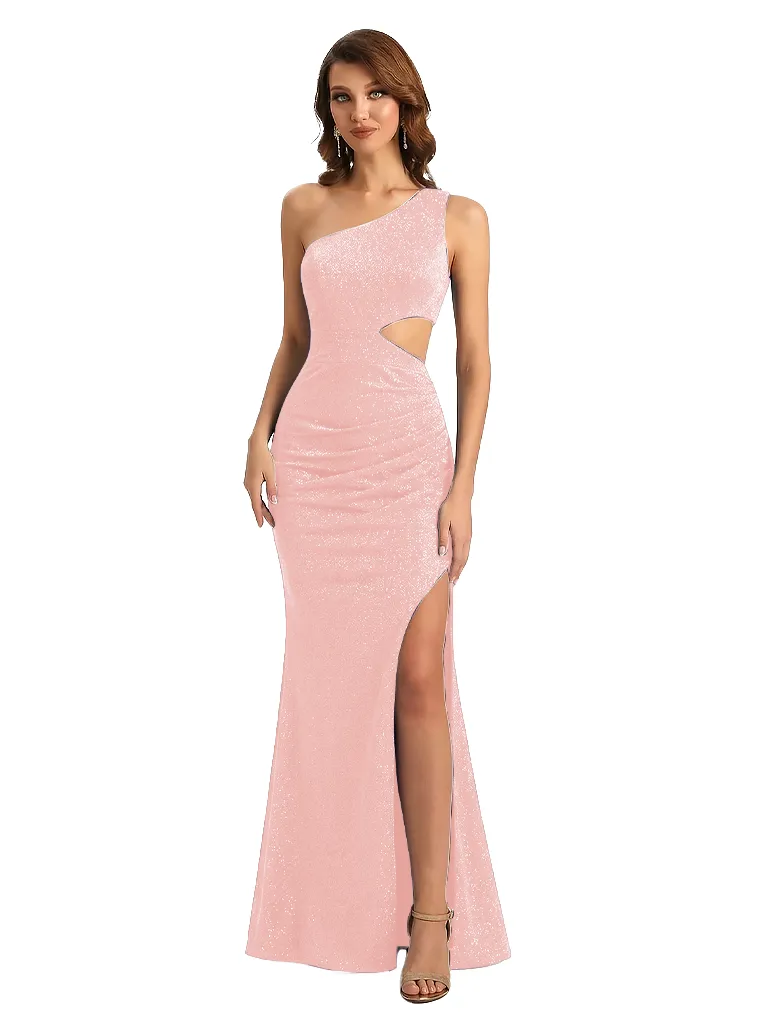 Shiny One Shoulder Mermaid Glitter Jersey Side Slit Maxi Formal Dresses For Women sold by ChicSew product image thumbnail 5