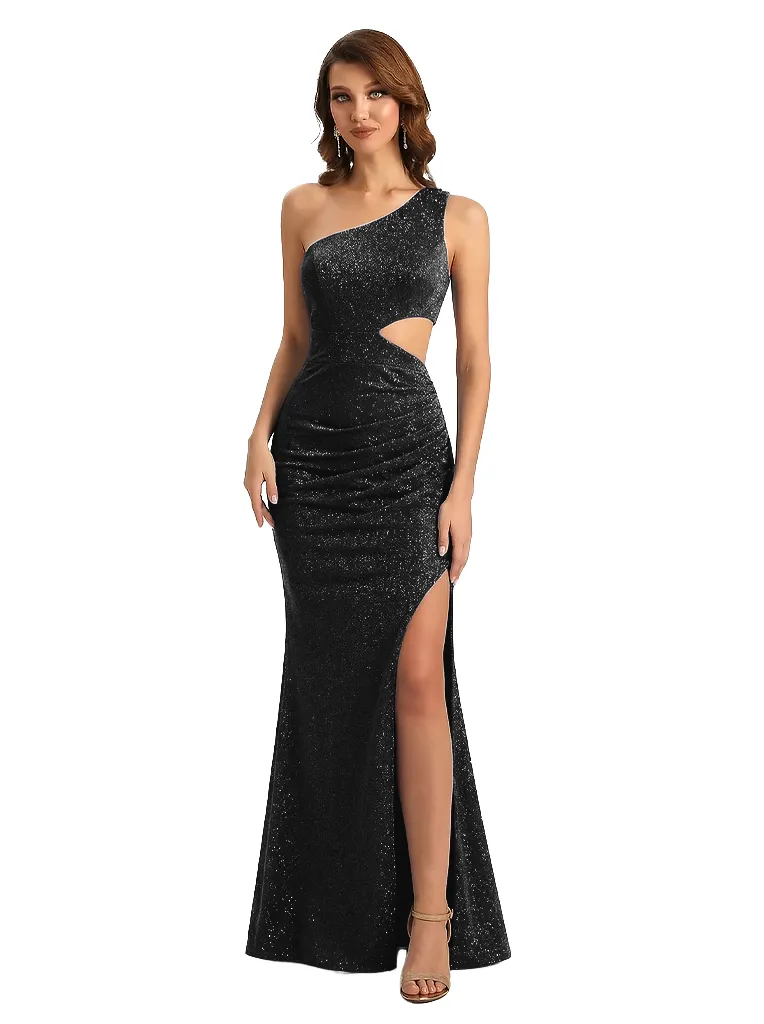Shiny One Shoulder Mermaid Glitter Jersey Side Slit Maxi Formal Dresses For Women sold by ChicSew product image thumbnail 3