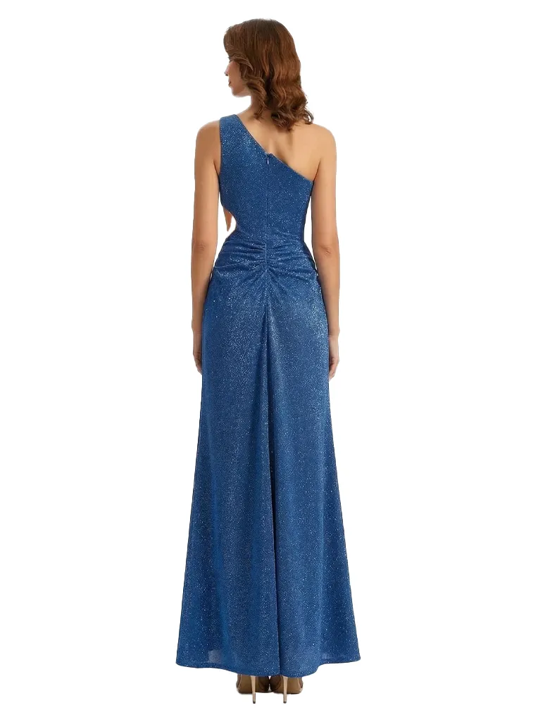 Shiny One Shoulder Mermaid Glitter Jersey Side Slit Maxi Formal Dresses For Women sold by ChicSew product image thumbnail 2