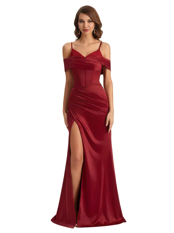 Sexy Cold Shoulder Mermaid Silky Satin Maxi Evening Gowns For Ladies With Bonings Side Slit sold by ChicSew