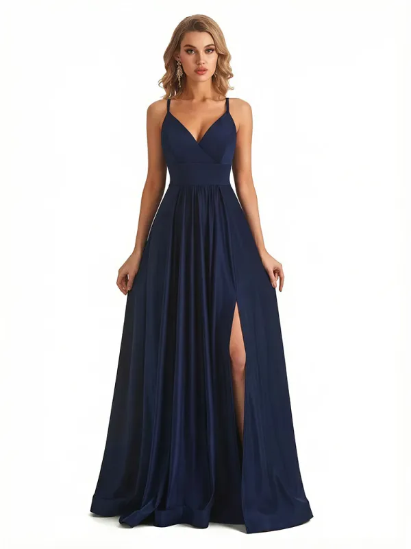 Sexy A-Line Side Slit V-Neck Spaghetti Straps Jersey Maxi Formal Evening Dresses For Ladies sold by ChicSew