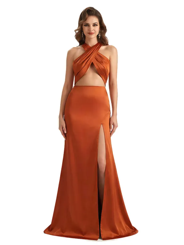 Sexy Mermaid Criss Cross Straps Silky Satin Maxi Formal Evening Dresses For Women Side Slit sold by ChicSew