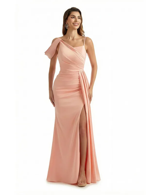 Sexy Asymmetric Straps Mermaid Ruched Side Slit Silky Satin Maxi Formal Evening Dresses With Waist Drape sold by ChicSew