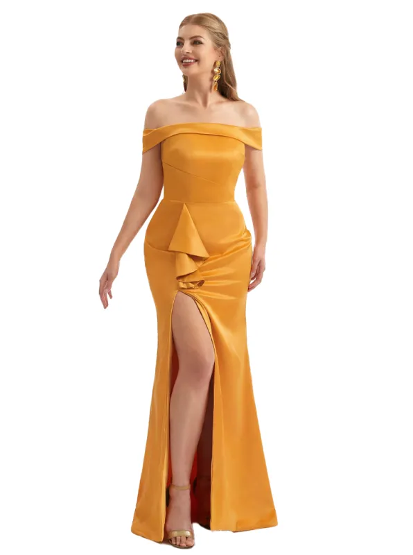 Sexy Mermaid Off The Shoulder Side Slit Ruffle Satin Maxi Formal Evening Dresses For Women sold by ChicSew