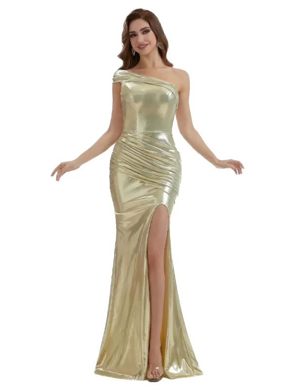 Elegant One Shoulder Mermaid Metallic Shiny Fabric Long Formal Dresses made by ChicSew
