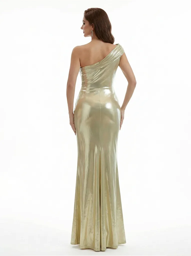 Elegant One Shoulder Mermaid Metallic Shiny Fabric Long Formal Dresses sold by ChicSew product image thumbnail 2