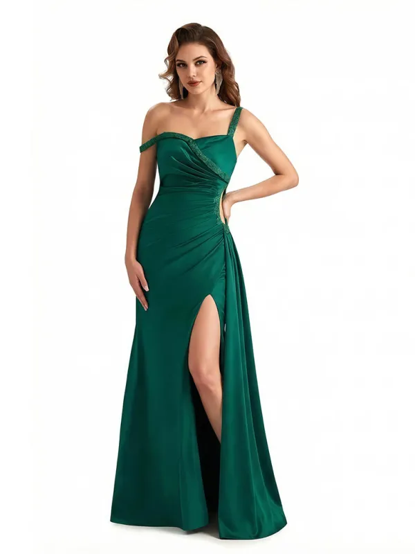 Sexy Mermaid Ruched Asymmetric Straps Side Slit Silky Satin Maxi Ladies Evening Gowns sold by ChicSew