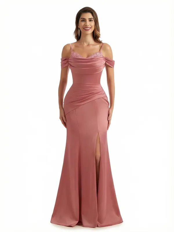 Sexy Cold Shoulder Mermaid Side Slit Silky Satin Maxi Formal Evening Dresses For Women sold by ChicSew