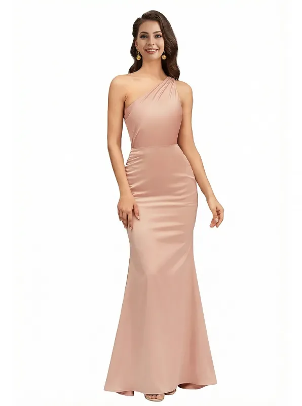 Sexy One Shoulder Open Back Mermaid Silky Satin Floor Length Evening Formal Dresses sold by ChicSew