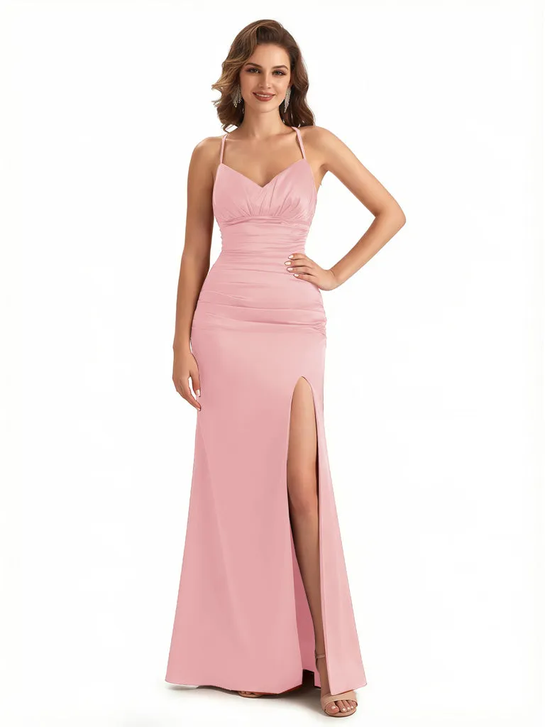 Sexy Ruched Spaghetti Straps Mermaid Side Slit Silky Satin Maxi Evening Gowns For Women sold by ChicSew product image thumbnail 5