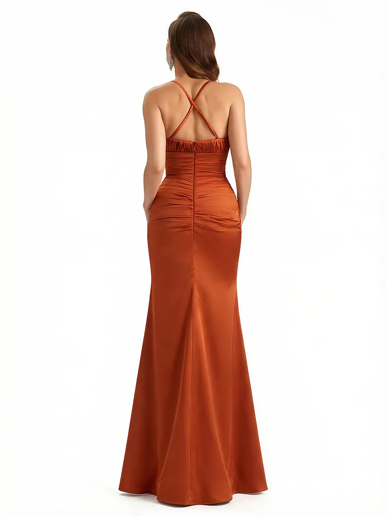 Sexy Ruched Spaghetti Straps Mermaid Side Slit Silky Satin Maxi Evening Gowns For Women sold by ChicSew product image thumbnail 2