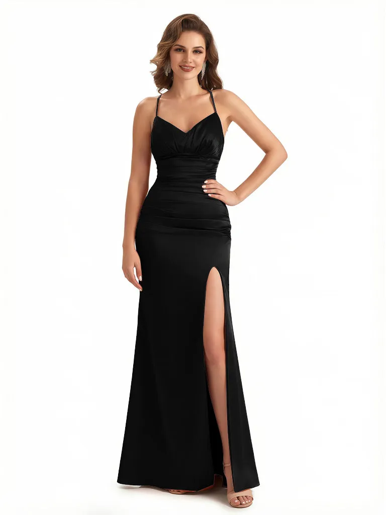 Sexy Ruched Spaghetti Straps Mermaid Side Slit Silky Satin Maxi Evening Gowns For Women sold by ChicSew product image thumbnail 3