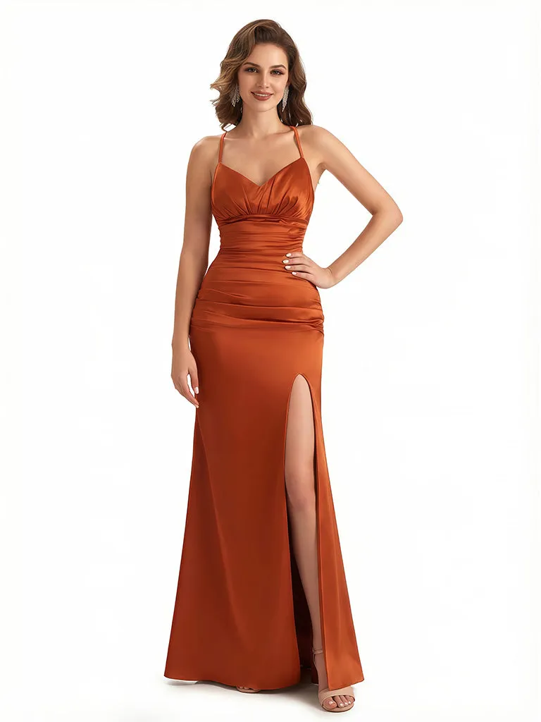 Sexy Ruched Spaghetti Straps Mermaid Side Slit Silky Satin Maxi Evening Gowns For Women sold by ChicSew
