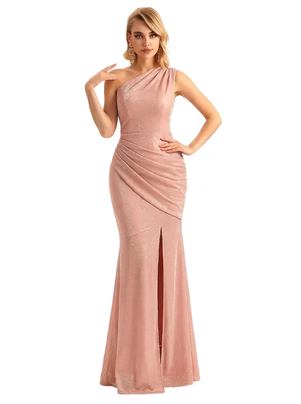 Sexy One Shoulder Mermaid Glitter Jersey Maxi Formal Evening Dresses For Women With Side Slit sold by ChicSew