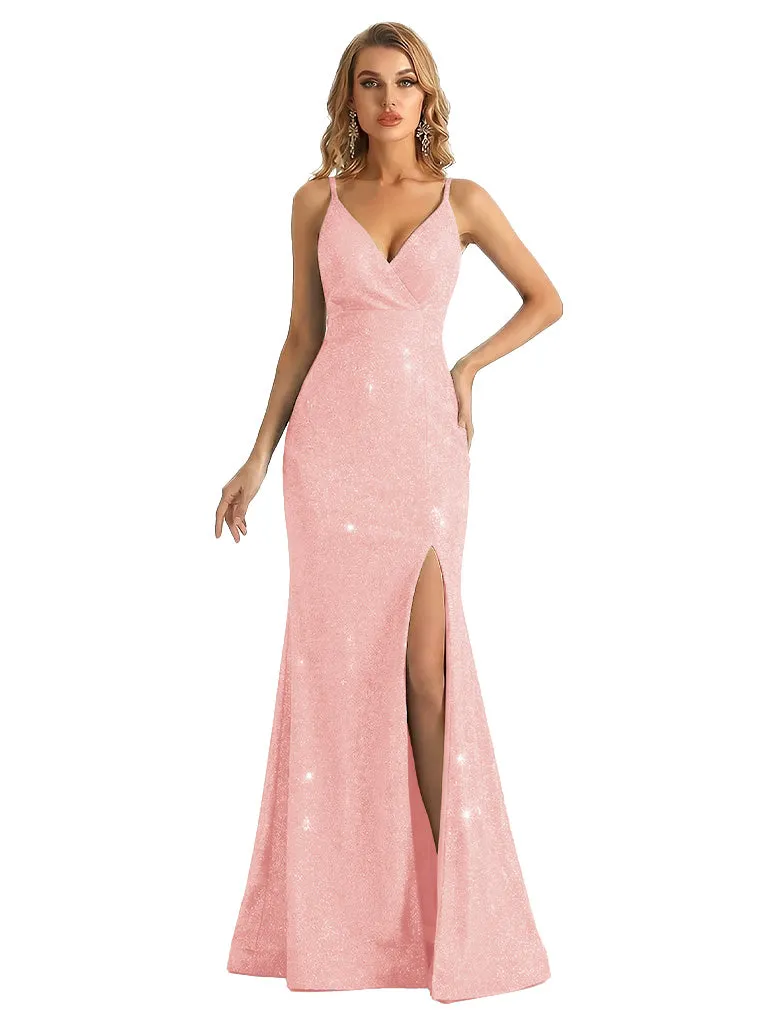 Shiny Spaghetti Straps Mermaid Glitter Jersey Side Slit Maxi Formal Dresses For Women sold by ChicSew product image thumbnail 5