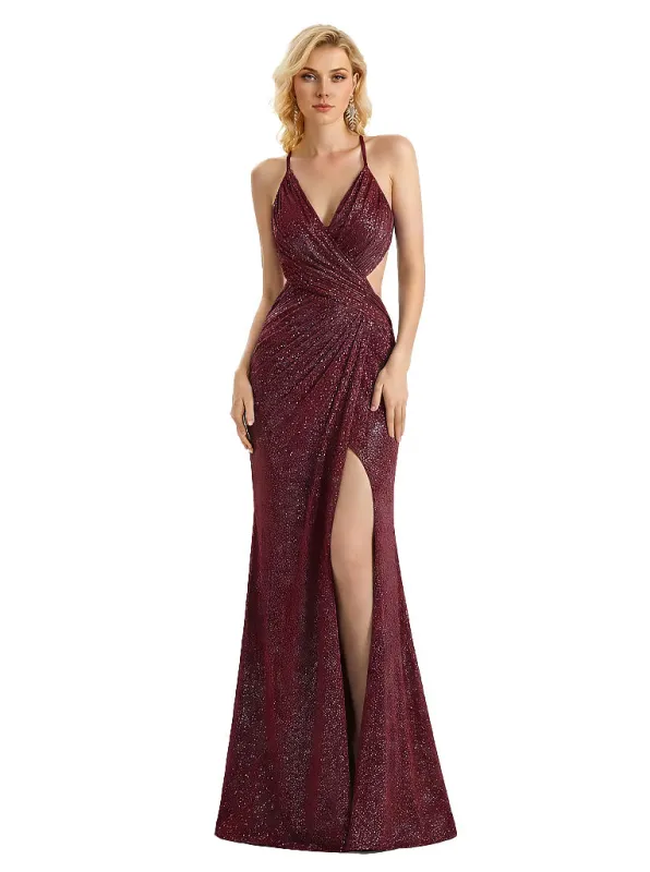 Elegant Spaghetti Straps Side Slit Mermaid Glitter Jersey Maxi Formal Evening Dresses For Women sold by ChicSew