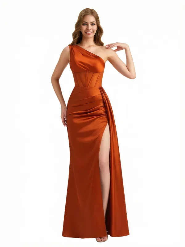 Sexy One Shoulder Mermaid Side Slit Boning Silky Satin Floor Length Evening Formal Dresses sold by ChicSew