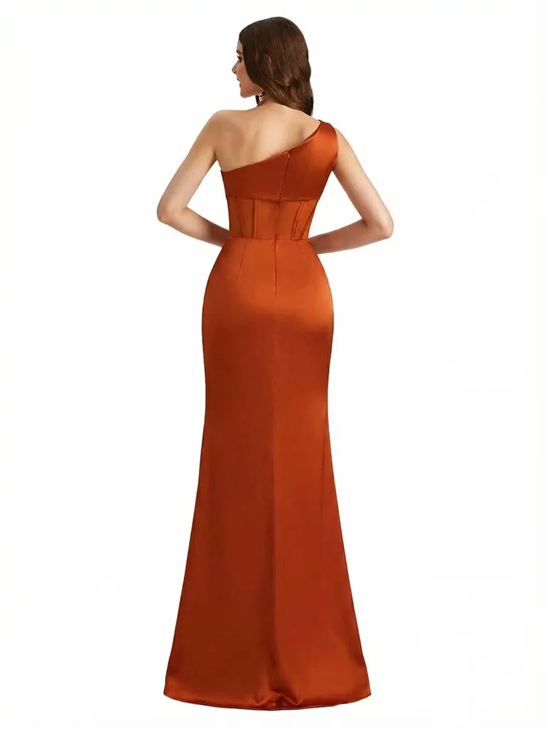Sexy One Shoulder Mermaid Side Slit Boning Silky Satin Floor Length Evening Formal Dresses sold by ChicSew product image thumbnail 2
