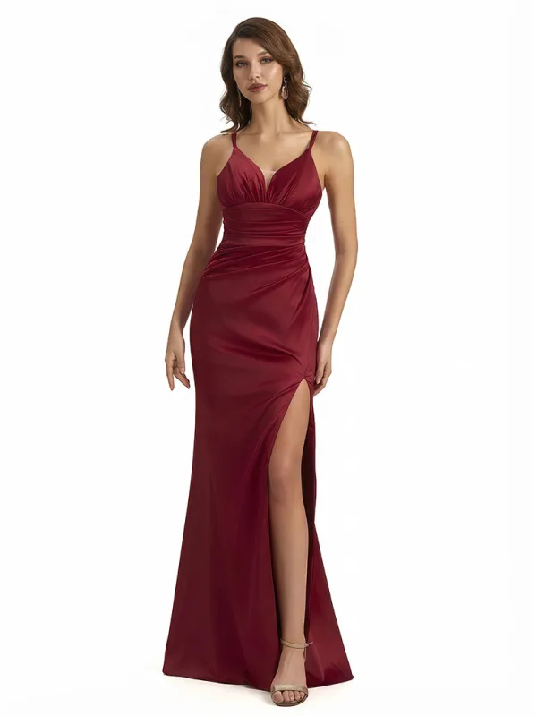 Sexy Mermaid Ruching Spaghatti Straps Side Slit Silky Satin Maxi Evening Gowns For Ladies sold by ChicSew