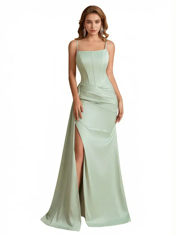 Sexy Mermaid Spaghetti Straps Side Slit Boning Silky Satin Long Evening Dresses For Ladies sold by ChicSew