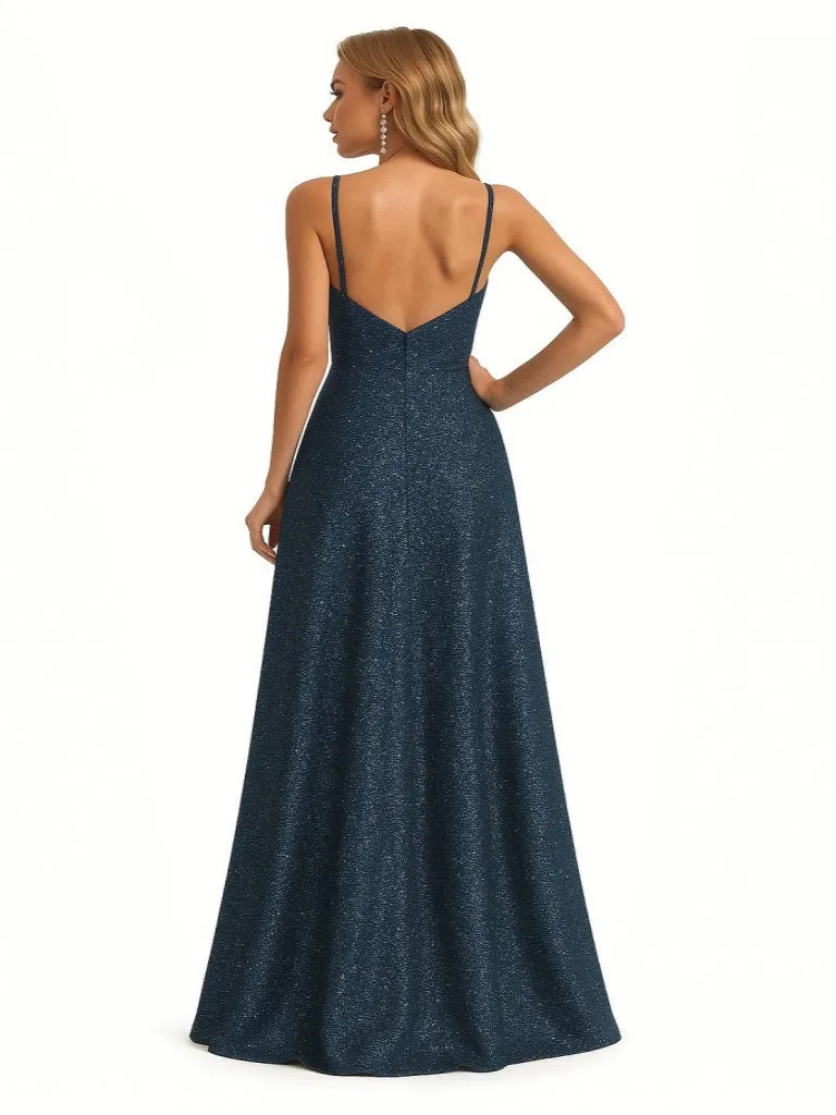 Sexy V-Neck Spaghetti Straps A-Line Glitter Jersey Maxi Formal Evening Dresses For Women sold by ChicSew product image thumbnail 2