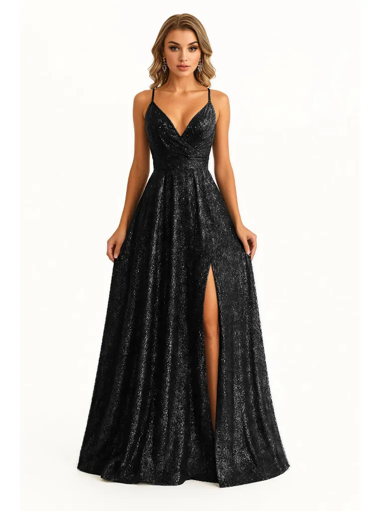Sexy V-Neck Spaghetti Straps A-Line Glitter Jersey Maxi Formal Evening Dresses For Women sold by ChicSew product image thumbnail 3