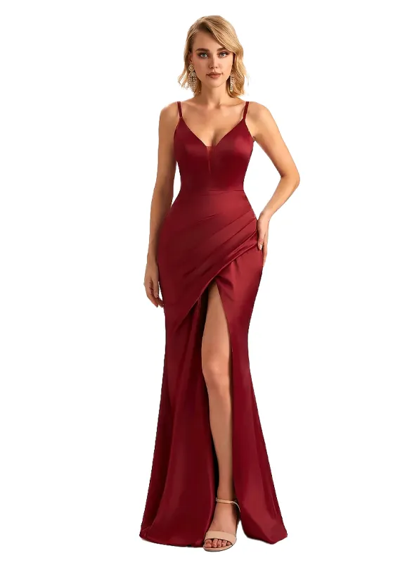 Sexy V-Neck Spaghetti Straps Silky Satin Mermaid Long Evening Gown Dresses For Women sold by ChicSew