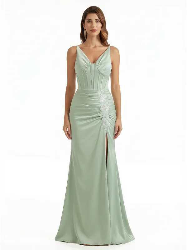 Elegant V-Neck Boning Silky Satin Mermaid Long Evening Gown Dresses For Women sold by ChicSew