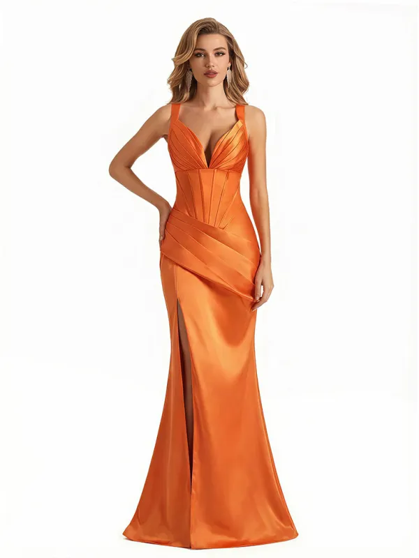 Sexy Deep V-Neck Silky Satin Mermaid Long Evening Gown Dresses For Women sold by ChicSew