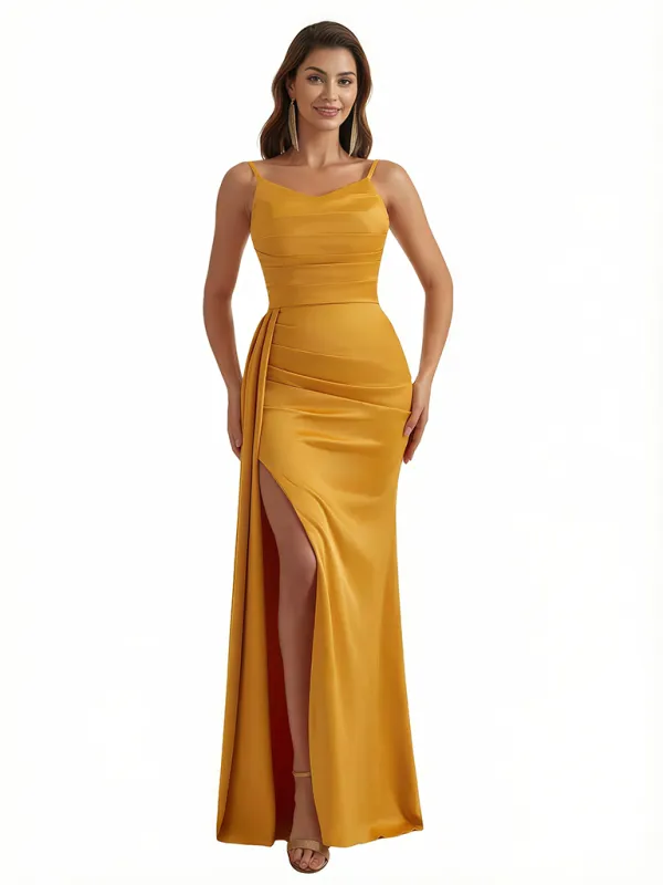 Sexy Mermaid Spaghetti Straps Side Slit Silky Satin Long Evening Dresses For Wedding sold by ChicSew