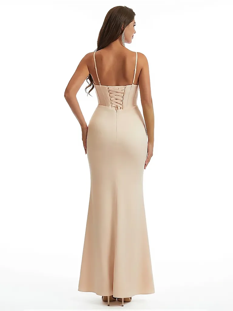 Sexy Mermaid Spaghetti Straps V-Neck Ruched Crepe Long Formal Dresses Side Slit sold by ChicSew product image thumbnail 2