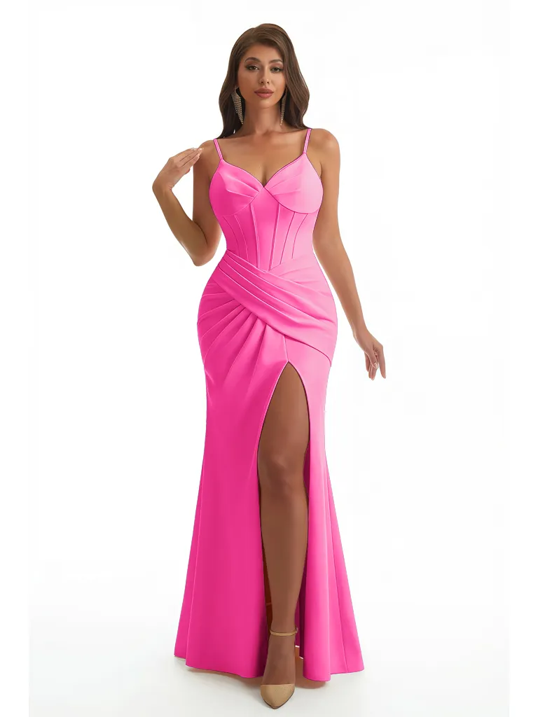 Sexy Mermaid Spaghetti Straps V-Neck Ruched Crepe Long Formal Dresses Side Slit sold by ChicSew product image thumbnail 3