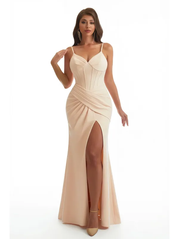 Sexy Mermaid Spaghetti Straps V-Neck Ruched Crepe Long Formal Dresses Side Slit sold by ChicSew