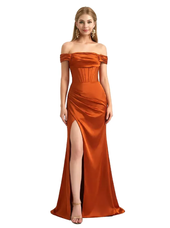Sexy Side Slit Boning Off The Shoulder Silky Satin Mermaid Maxi Evening Gowns For Women sold by ChicSew