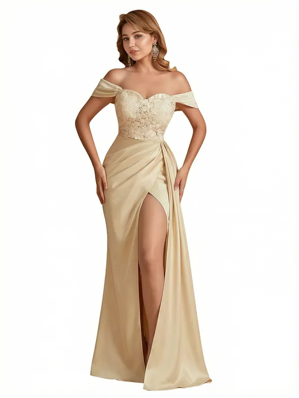 Sexy Lace Appliques Off The Shoulder Side Slit Mermaid Silky Satin Long Evening Dresses For Women sold by ChicSew