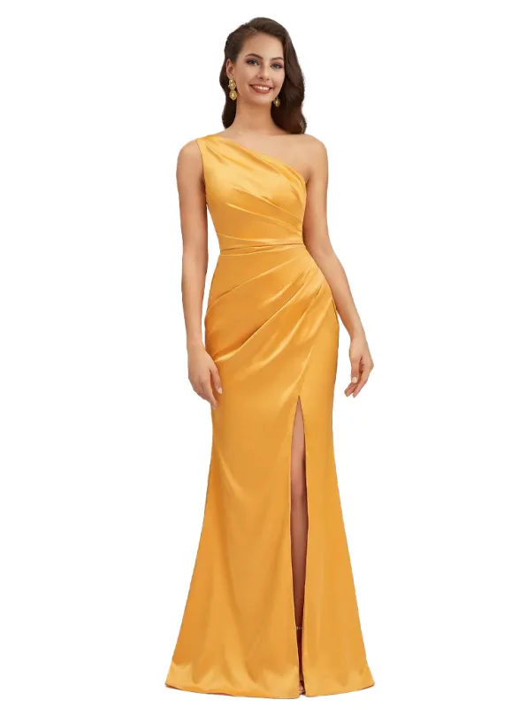 Sexy One Shoulder Side Slit Ruched Silky Satin Mermaid Maxi Formal Dressing For Women sold by ChicSew