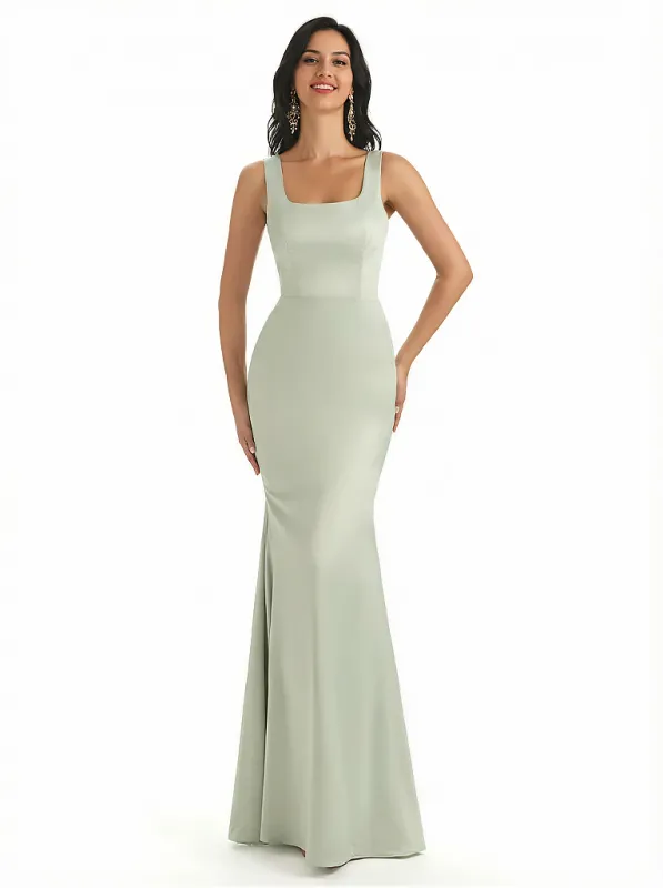 Elegant Spaghetti Straps Square Mermaid Silky Satin Maxi Evening Dresses For Women sold by ChicSew