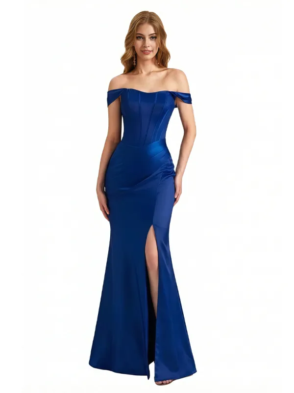 Sexy Off The Shoulder Boning Side Slit Mermaid Silky Satin Maxi Evening Dresses For Women sold by ChicSew