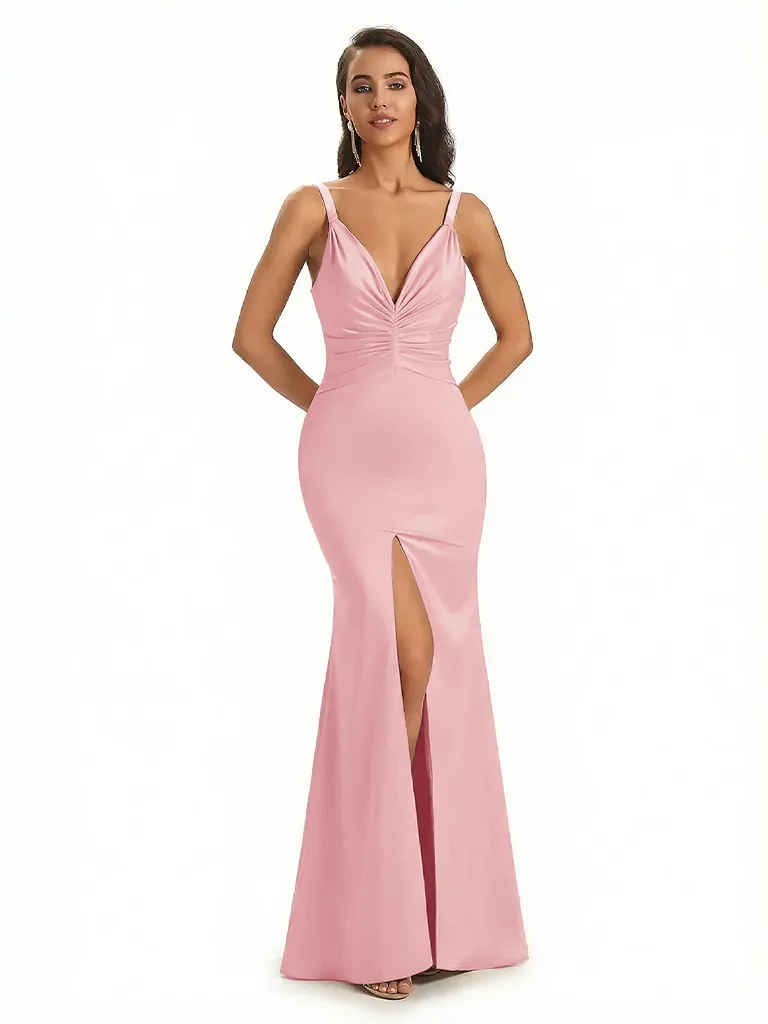 Trendy Spaghetti Straps V-Neck Silky Satin Mermaid Long Evening Gown Dresses For Women sold by ChicSew product image thumbnail 5