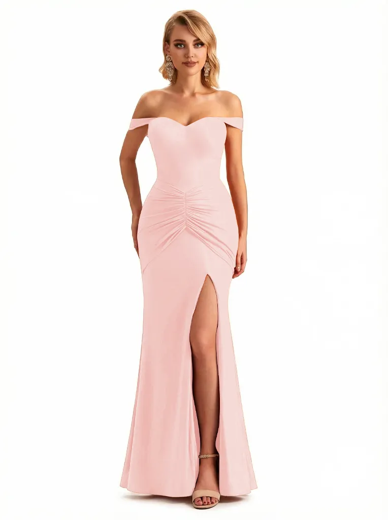 Trendy Off The Shoulder Ruched Jersey Side Slit Mermaid Floor Length Evening Formal Dresses sold by ChicSew product image thumbnail 5