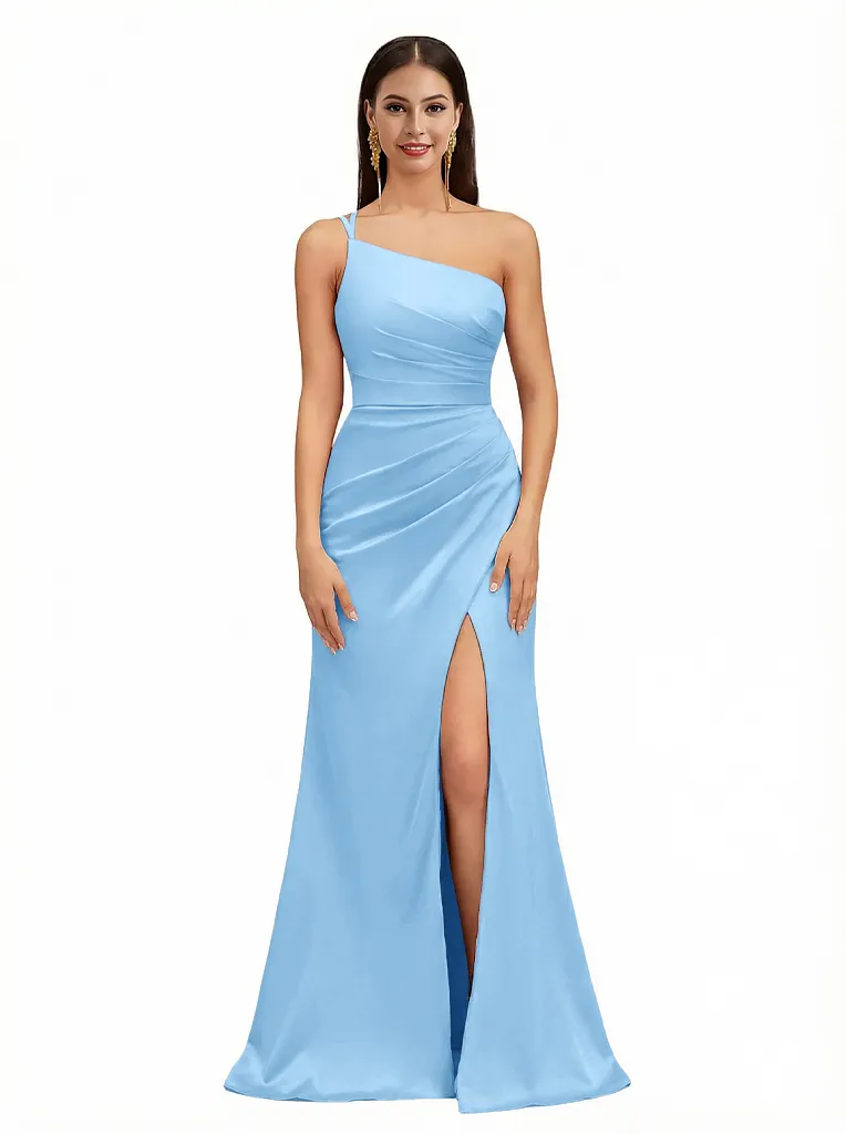 Sexy One Shoulder Side Slit Mermaid Silky Satin Ruching Maxi Evening Dresses For Women sold by ChicSew product image thumbnail 4