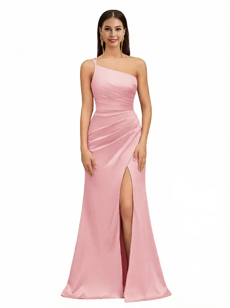 Sexy One Shoulder Side Slit Mermaid Silky Satin Ruching Maxi Evening Dresses For Women sold by ChicSew product image thumbnail 5