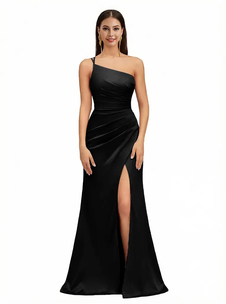 Sexy One Shoulder Side Slit Mermaid Silky Satin Ruching Maxi Evening Dresses For Women sold by ChicSew product image thumbnail 3