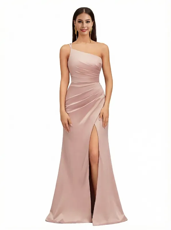 Sexy One Shoulder Side Slit Mermaid Silky Satin Ruching Maxi Evening Dresses For Women sold by ChicSew
