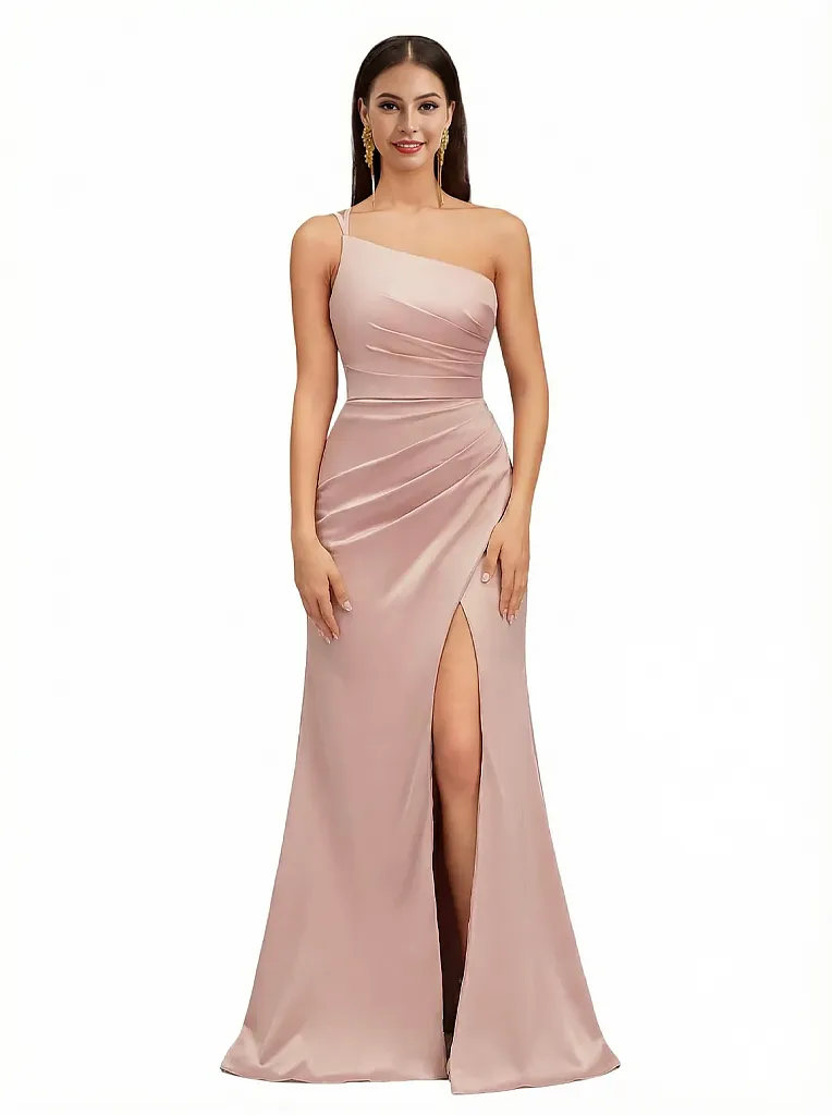Sexy One Shoulder Side Slit Mermaid Silky Satin Ruching Maxi Evening Dresses For Women sold by ChicSew