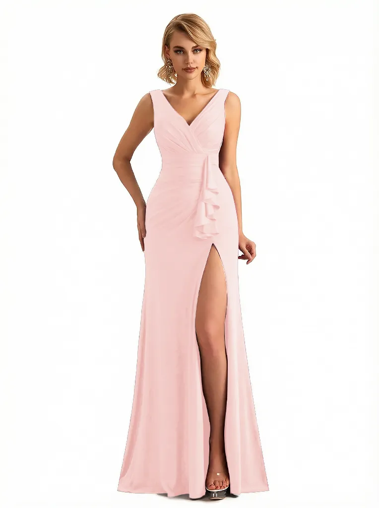 Elegant V-neck Sleeveless Side Slit Jersey Mermaid Floor Length Evening Formal Dresses sold by ChicSew product image thumbnail 5