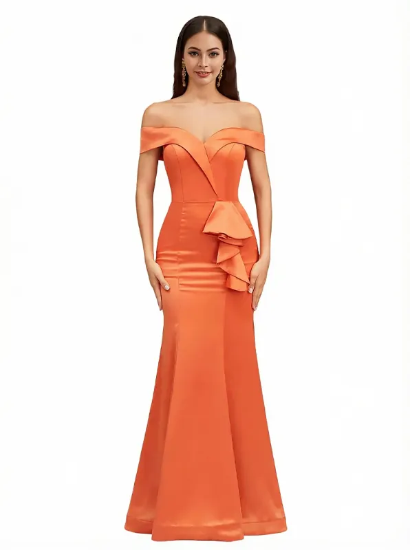 Sexy Off The Shoulder Mermaid Ruffle Silky Satin Long Evening Dresses For Wedding sold by ChicSew