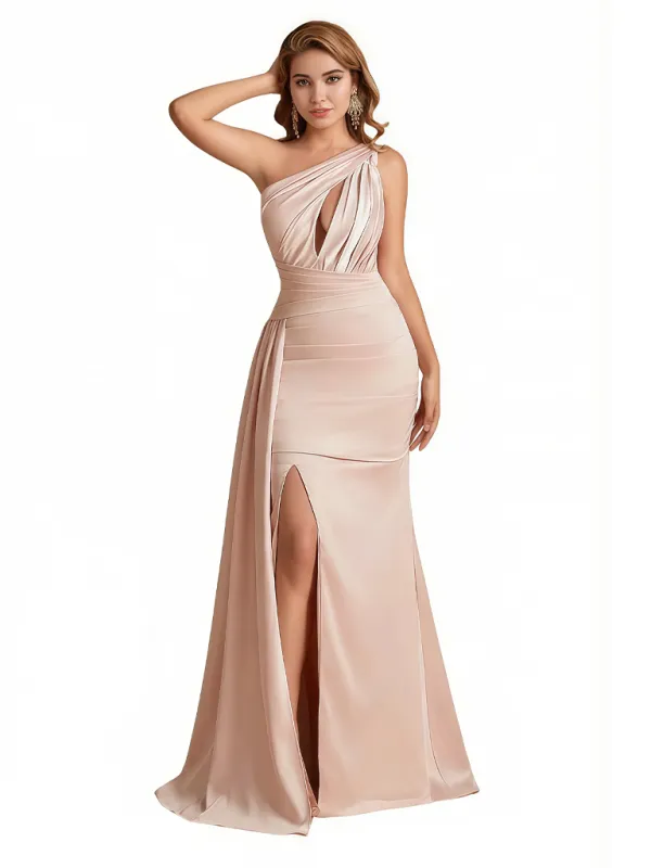 Sexy One Shoulder Mermaid Silky Satin Long Formal Dresses Side Slit sold by ChicSew