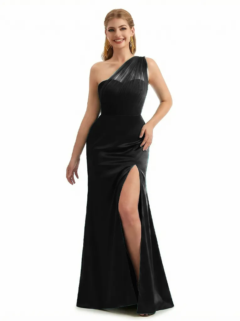 Trendy One Shoulder Mermaid Silky Satin Long Formal Dresses Side Slit sold by ChicSew product image thumbnail 3