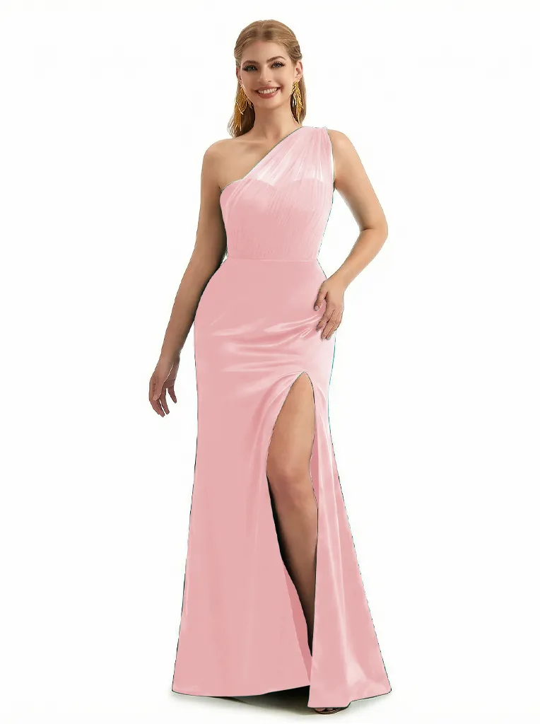Trendy One Shoulder Mermaid Silky Satin Long Formal Dresses Side Slit sold by ChicSew product image thumbnail 5